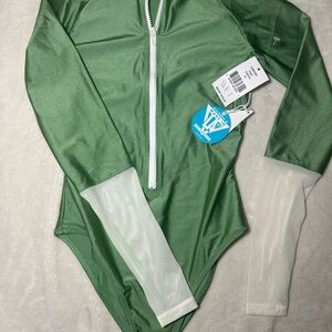 Wit & Wisdom Olive Green Long-Sleeve One-Piece Swimsuit with Contrast Sleeves